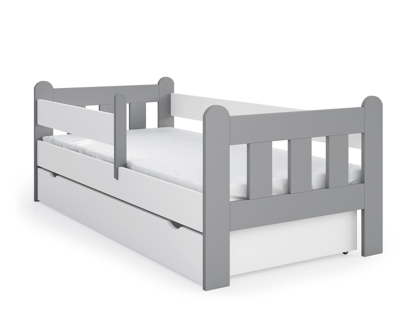 Lit enfant 90x200 | 80x180 | 80x160 cm avec matelas (en option), tiroir, protection antichute et sommier à lattes dans lit garçon fille blanc