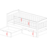 Lit enfant lit simple 90x200 cm avec matelas (en option), deux tiroirs, protection antichute, sommier à lattes, en bois massif massif, lit fonctionnel lit d'adolescent en blanc