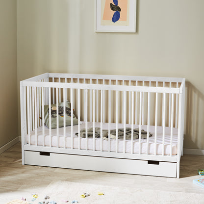 Lit bébé lit bébé 60x120 | Barreaux de 70 x 140 cm réglables en hauteur et amovibles, en option avec tiroir et matelas | Bois de hêtre blanc ou naturel très stable Fabriqué en Europe