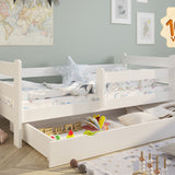 Kinderbett Jugendbett 80x160 und 90x200 cm mit Rausfallschutz | Voll-Holz mit Matratze (optional) Lattenrost & Schublade in weiß Kiefer | Mädchen Jungen Bett skandinavisch