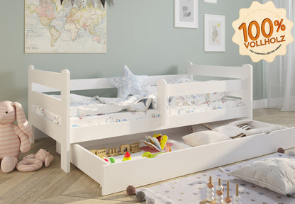 Lit enfant lit jeune 80x160 | 90x200 cm avec protection antichute | Bois massif avec matelas (en option) sommier à lattes &amp; tiroir en pin blanc | Lit fille garçon scandinave