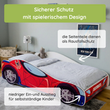 Autobett Kinderbett Jugendbett 70x140 | 80x160 mit Rausfallschutz & Matratze | Kinder Spielbett Rennfahrer