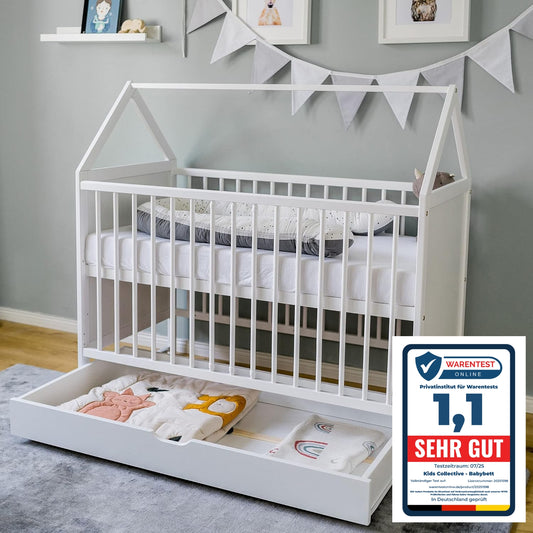 Babybett Beistellbett Kinderbett und Hausbett in einem - 120x60 cm weiß mit Schublade und Matratze (optional), höhenverstellbar und umbaubar