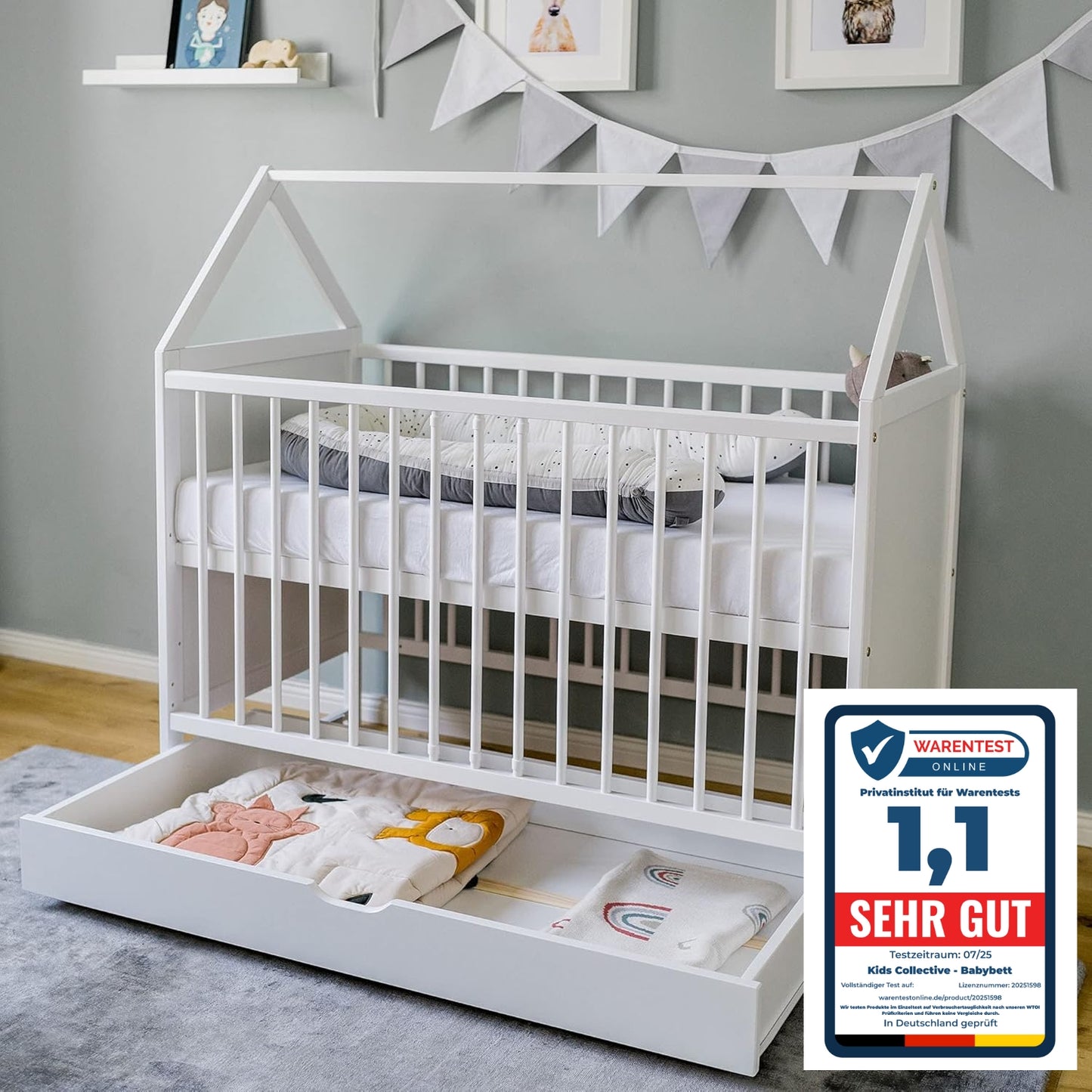 Babybett Beistellbett Kinderbett und Hausbett in einem - 120x60 cm weiß mit Schublade und Matratze (optional), höhenverstellbar und umbaubar