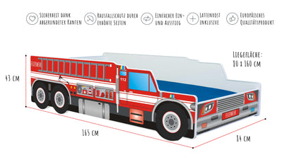 Lit de voiture lit d'enfant lit d'adolescent 70x140 | 80x160 cm avec protection antichute et matelas (en option) lit de jeu pour enfants pompiers