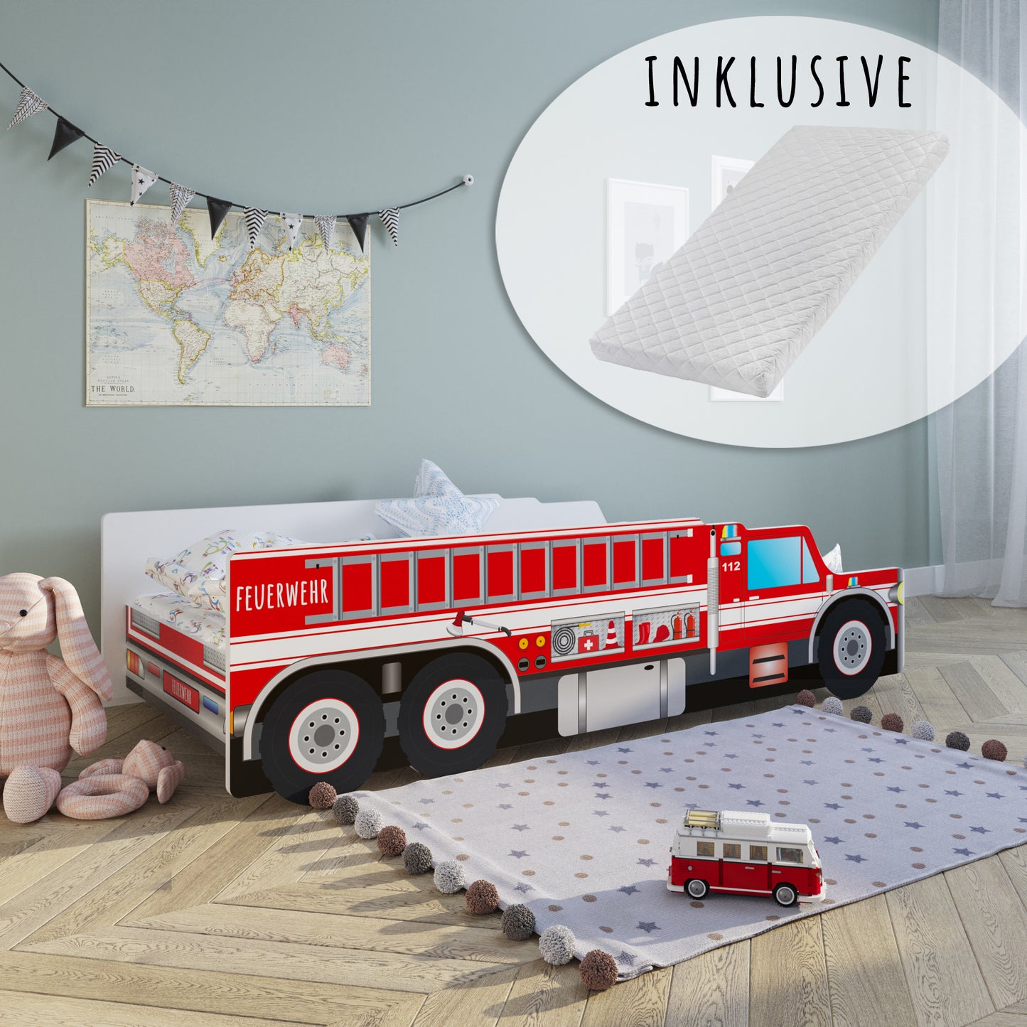 Lit de voiture lit d'enfant lit d'adolescent 70x140 | 80x160 cm avec protection antichute et matelas (en option) lit de jeu pour enfants pompiers