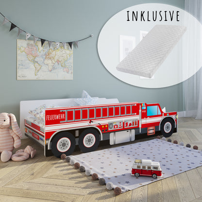 Autobett Kinderbett Jugendbett 70x140 | 80x160 cm mit Rausfallschutz und Matratze (optional) Feuerwehr Kinder Spielbett