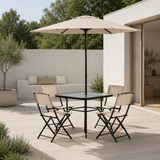 Home Collective Gartenmöbel Set Balkonmöbel Essgruppe Outdoor Terrassenmöbel Sitzgruppe | 6-teilig | 4 Klappstühle 1 Glastisch 1 Sonnenschirm | wetterfest | Garten Terrasse Balkon | Beige/Schwarz