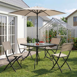 Home Collective Gartenmöbel Set Balkonmöbel Essgruppe Outdoor Terrassenmöbel Sitzgruppe | 6-teilig | 4 Klappstühle 1 Glastisch 1 Sonnenschirm | wetterfest | Garten Terrasse Balkon | Beige/Schwarz