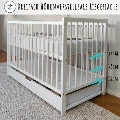 Lit bébé avec matelas et tiroir lit enfant berceau 60x120 hauteur réglable et échelons amovibles | blanc, très stable Fabriqué en Europe