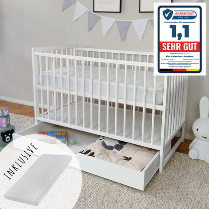 Babybett mit Schublade (optional) Kinderbett Gitterbett 60x120 höhenverstellbar & herausnehmbare Sprossen mit Matratze (optional) | weiss sehr stabil Made in Europe
