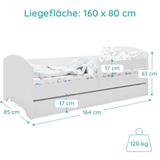 Lit enfant 70x140 | 80x160 cm avec matelas et tiroir, protection antichute &amp; sommier à lattes en blanc et avec motifs (pompiers, police, princesse, dinosaure...) pour garçons et filles