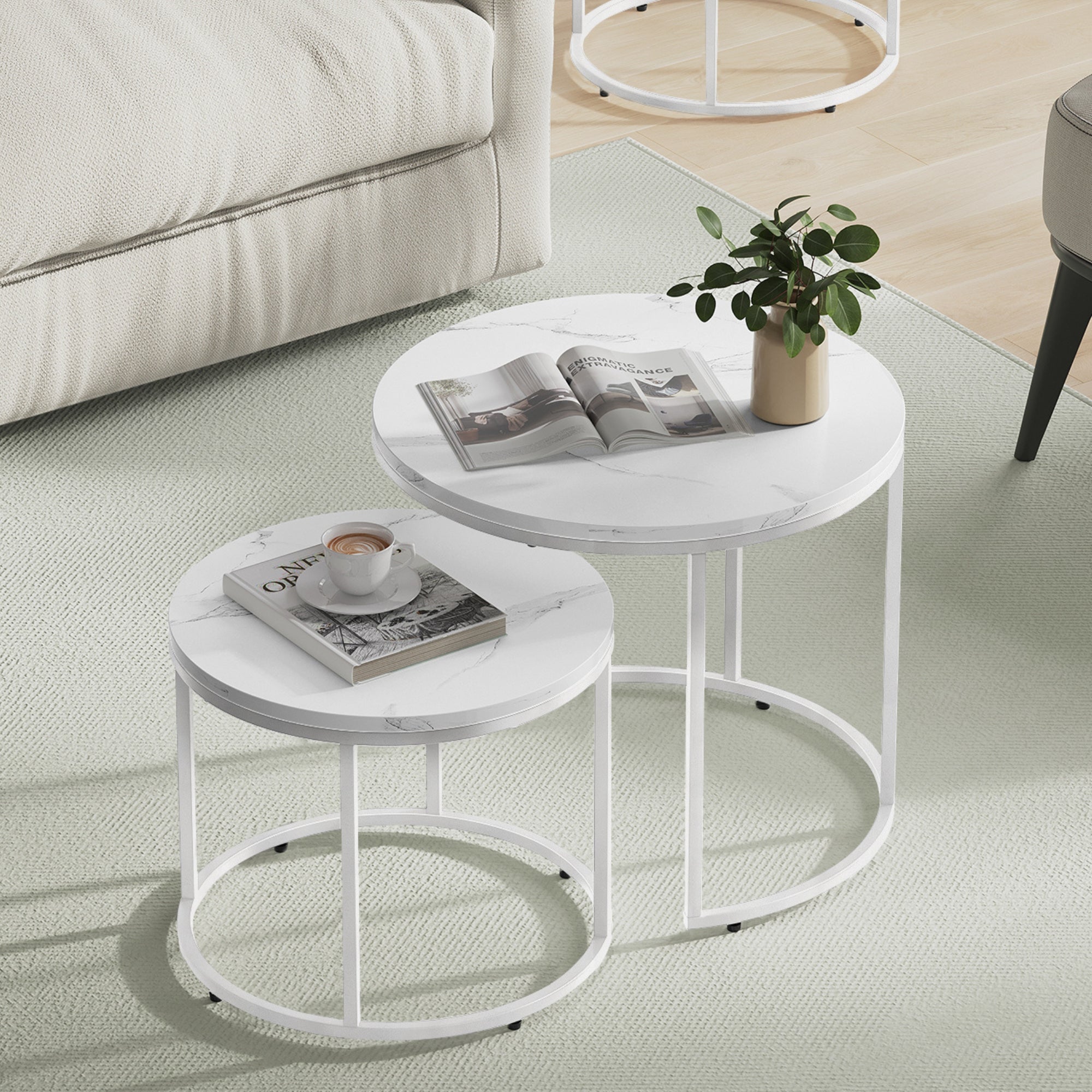 Table basse lot de 2 tables d'appoint rondes design loft 2 en 1 surface emboîtable résistante aux rayures, salon | 53cm et 43cm de large