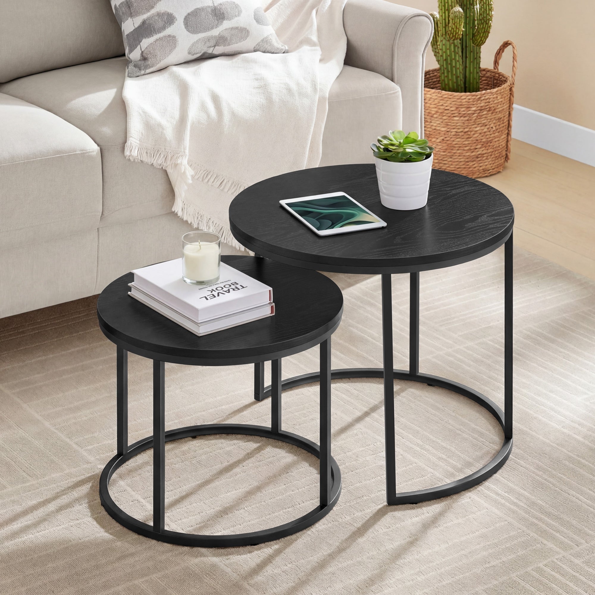Table basse lot de 2 tables d'appoint rondes design loft 2 en 1 surface emboîtable résistante aux rayures, salon | 53cm et 43cm de large
