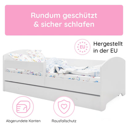 Kids Collective Kinderbett 70x140 / 80x160 Komplett Set inkl. Matratze, Lattenrost, Schublade & Rausfallschutz | Einzelbett für Kinder von 2 – 10 Jahren | weiß mit wählbarem Motiv