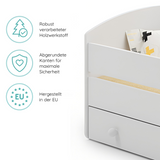 Lit enfant 70x140 | 80x160 cm avec matelas et tiroir, protection antichute &amp; sommier à lattes en blanc et avec motifs (pompiers, police, princesse, dinosaure...) pour garçons et filles