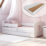 Lit enfant 70x140 | 80x160 cm avec matelas et tiroir, protection antichute &amp; sommier à lattes en blanc et avec motifs (pompiers, police, princesse, dinosaure...) pour garçons et filles