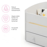 Lit enfant 70x140 | 80x160 cm avec matelas et tiroir, protection antichute &amp; sommier à lattes en blanc et avec motifs (pompiers, police, princesse, dinosaure...) pour garçons et filles