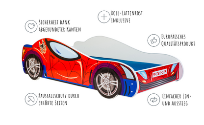 Autobett Kinderbett Jugendbett 70x140 | 80x160 mit Rausfallschutz & Matratze | Kinder Spielbett Rennfahrer