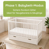 Kids Collective Babybett Kinderbett Beistellbett mit Halbschiene | Modulares Gitterbett Lattenrost 3-fach höhenverstellbar & abnehmbare Sprossen | Baby Bett Holz Kinderzimmer | 60x120 & 70x140 cm