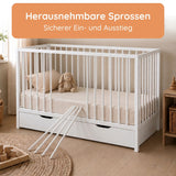 Kids Collective Babybett Kinderbett Beistellbett mit Halbschiene | Modulares Gitterbett Lattenrost 3-fach höhenverstellbar & abnehmbare Sprossen | Baby Bett Holz Kinderzimmer | 60x120 & 70x140 cm