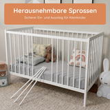 Kids Collective Babybett Kinderbett Beistellbett mit Halbschiene | Modulares Gitterbett Lattenrost 3-fach höhenverstellbar & abnehmbare Sprossen | Baby Bett Holz Kinderzimmer | 60x120 & 70x140 cm