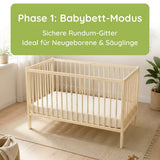 Kids Collective Babybett Kinderbett Beistellbett mit Halbschiene | Modulares Gitterbett Lattenrost 3-fach höhenverstellbar & abnehmbare Sprossen | Baby Bett Holz Kinderzimmer | 60x120 & 70x140 cm