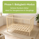 Kids Collective Babybett Kinderbett Beistellbett mit Halbschiene | Modulares Gitterbett Lattenrost 3-fach höhenverstellbar & abnehmbare Sprossen | Baby Bett Holz Kinderzimmer | 60x120 & 70x140 cm