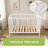 Kids Collective Babybett Kinderbett Beistellbett mit Halbschiene | Modulares Gitterbett Lattenrost 3-fach höhenverstellbar & abnehmbare Sprossen | Baby Bett Holz Kinderzimmer | 60x120 & 70x140 cm