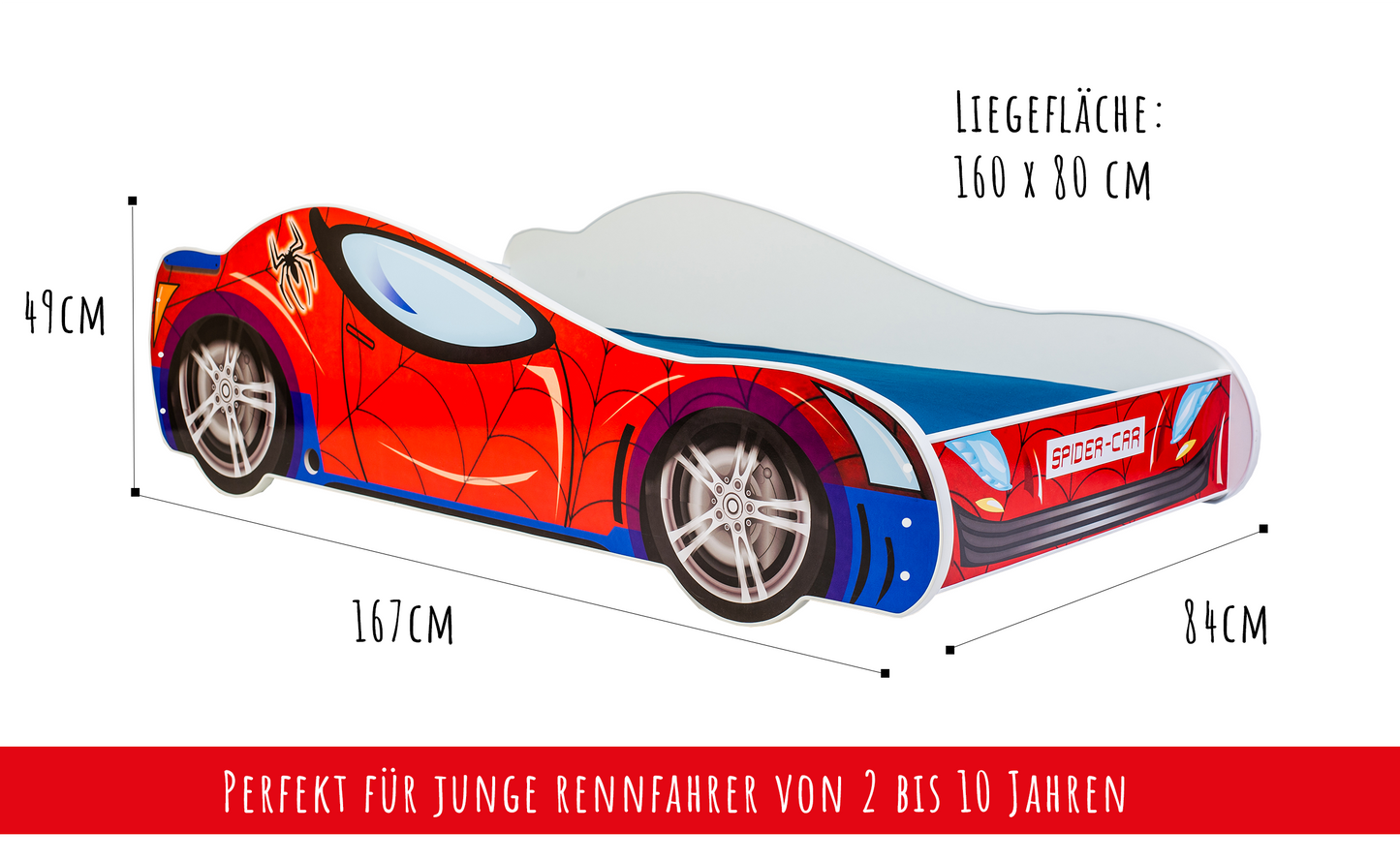 Autobett Kinderbett Jugendbett 70x140 | 80x160 mit Rausfallschutz & Matratze | Kinder Spielbett Rennfahrer