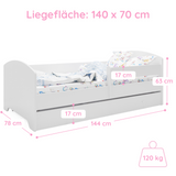 Lit enfant 70x140 | 80x160 cm avec matelas et tiroir, protection antichute &amp; sommier à lattes en blanc et avec motifs (pompiers, police, princesse, dinosaure...) pour garçons et filles
