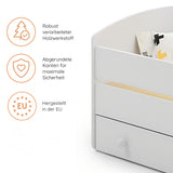 Lit enfant 70x140 | 80x160 cm avec matelas et tiroir, protection antichute &amp; sommier à lattes en blanc et avec motifs (pompiers, police, princesse, dinosaure...) pour garçons et filles