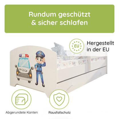 Kids Collective Kinderbett 70x140 / 80x160 Komplett Set inkl. Matratze, Lattenrost, Schublade & Rausfallschutz | Einzelbett für Kinder von 2 – 10 Jahren | weiß mit wählbarem Motiv