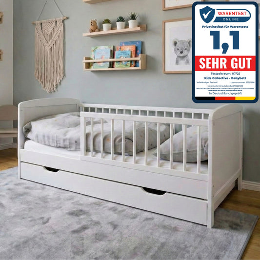 Kinderbett 140x70 cm mit Matratze (optional), Lattenrost, Schublade und Raufallschutz Vollholz in weiß - 70 x 140 perfekte Größe nach Gitterbett Babybett