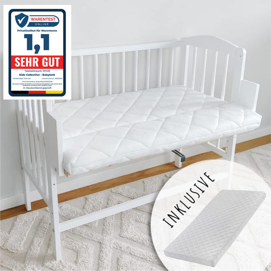 Babybett Beistellbett 90x40 cm mit Matratze, umbaubar zu 90x55 cm, 9 mal verstellbare Liegehöhe, auch als Babywippe nutzbar, Kiefer-Vollholz in weiß