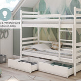 Hochbett 90x200 cm mit 2 Matratzen (optional) und 2 Schubladen (optional) Etagenbett mit Rausfallschutz und Lattenrost, umbaubar in zwei Kinderbetten, aus Vollholz massiv in weiß, Funktionsbett