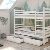Hochbett 90x200 cm mit 2 Matratzen (optional) und 2 Schubladen (optional) Etagenbett mit Rausfallschutz und Lattenrost, umbaubar in zwei Kinderbetten, aus Vollholz massiv in weiß, Funktionsbett