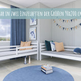 Hochbett 90x200 cm mit 2 Matratzen (optional) und 2 Schubladen (optional) Etagenbett mit Rausfallschutz und Lattenrost, umbaubar in zwei Kinderbetten, aus Vollholz massiv in weiß, Funktionsbett