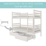 Hochbett 90x200 cm mit 2 Matratzen (optional) und 2 Schubladen (optional) Etagenbett mit Rausfallschutz und Lattenrost, umbaubar in zwei Kinderbetten, aus Vollholz massiv in weiß, Funktionsbett