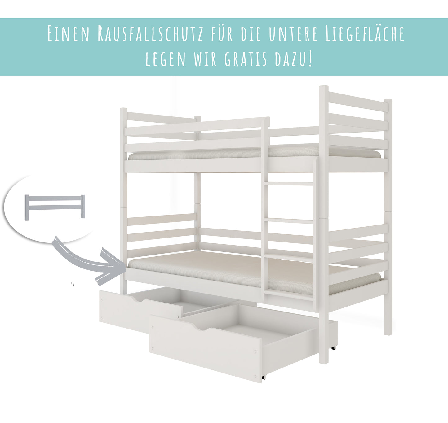 Hochbett 90x200 cm mit 2 Matratzen (optional) und 2 Schubladen (optional) Etagenbett mit Rausfallschutz und Lattenrost, umbaubar in zwei Kinderbetten, aus Vollholz massiv in weiß, Funktionsbett