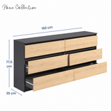 Kommode mit 6 Schubladen 95 | 120 | 140 | 160 cm breit Kommode Holz Schrank Kommode mit Schubladen Sideboard Highboard Anrichte Schlafzimmer Wohnzimmer Flur Büro Organizer