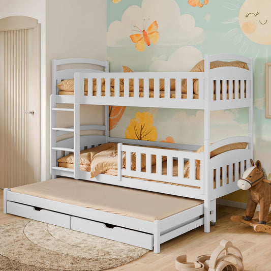 Hochbett 90x200 Etagenbett Kinderbett Jugendbett Stockbett 3 Kinder, zwei Schubladen & Rausfallschutz Kinder Bett umbaubar in 3 Einzelbetten | von 4. bis 18. Lebensjahr | inkl. Lattenrosten