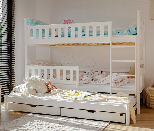 Hochbett 90x200 Etagenbett Kinderbett Jugendbett Stockbett 3 Kinder, zwei Schubladen & Rausfallschutz Kinder Bett umbaubar in 3 Einzelbetten | von 4. bis 18. Lebensjahr | inkl. Lattenrosten