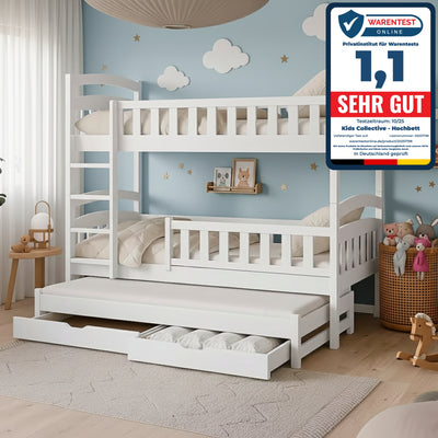 Hochbett 90x200 Etagenbett Kinderbett Jugendbett Stockbett 3 Kinder, zwei Schubladen & Rausfallschutz Kinder Bett umbaubar in 3 Einzelbetten | von 4. bis 16. Lebensjahr | inkl. Lattenrosten