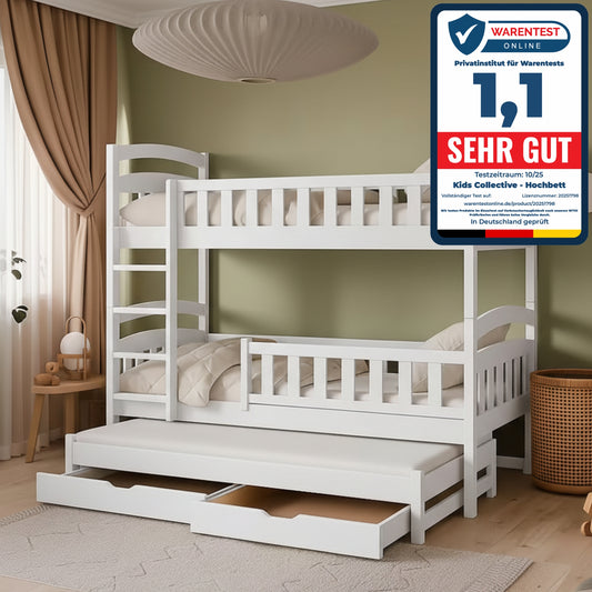 Hochbett 90x200 Etagenbett Kinderbett Jugendbett Stockbett 3 Kinder, zwei Schubladen & Rausfallschutz Kinder Bett umbaubar in 3 Einzelbetten | von 4. bis 16. Lebensjahr | inkl. Lattenrosten