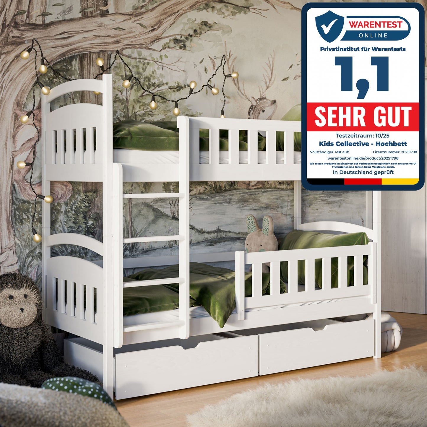 Hochbett 90x200 cm Etagenbett mit zwei Schubladen, Lattenrost, Rausfallschutz, umbaubar in zwei Einzelbetten, aus Vollholz massiv, Funktionsbett