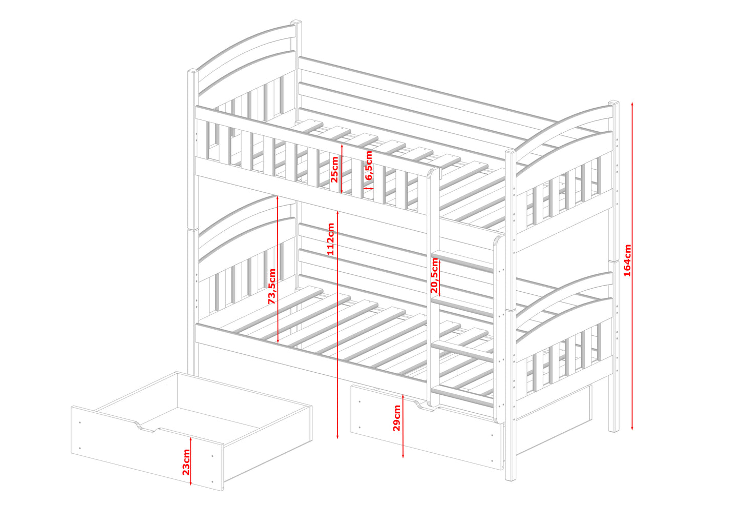 Lit mezzanine 80x180 | Lit superposé 90x200 cm avec deux matelas (en option) et deux tiroirs, sommier à lattes, protection antichute, transformable en deux lits simples, en bois massif blanc et naturel, lit fonctionnel