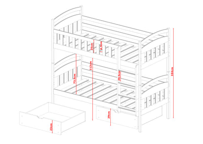 Lit mezzanine 80x180 | Lit superposé 90x200 cm avec deux matelas (en option) et deux tiroirs, sommier à lattes, protection antichute, transformable en deux lits simples, en bois massif blanc et naturel, lit fonctionnel