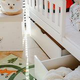 Hochbett 90x200 cm Etagenbett mit zwei Schubladen, Lattenrost, Rausfallschutz, umbaubar in zwei Einzelbetten, aus Vollholz massiv, Funktionsbett