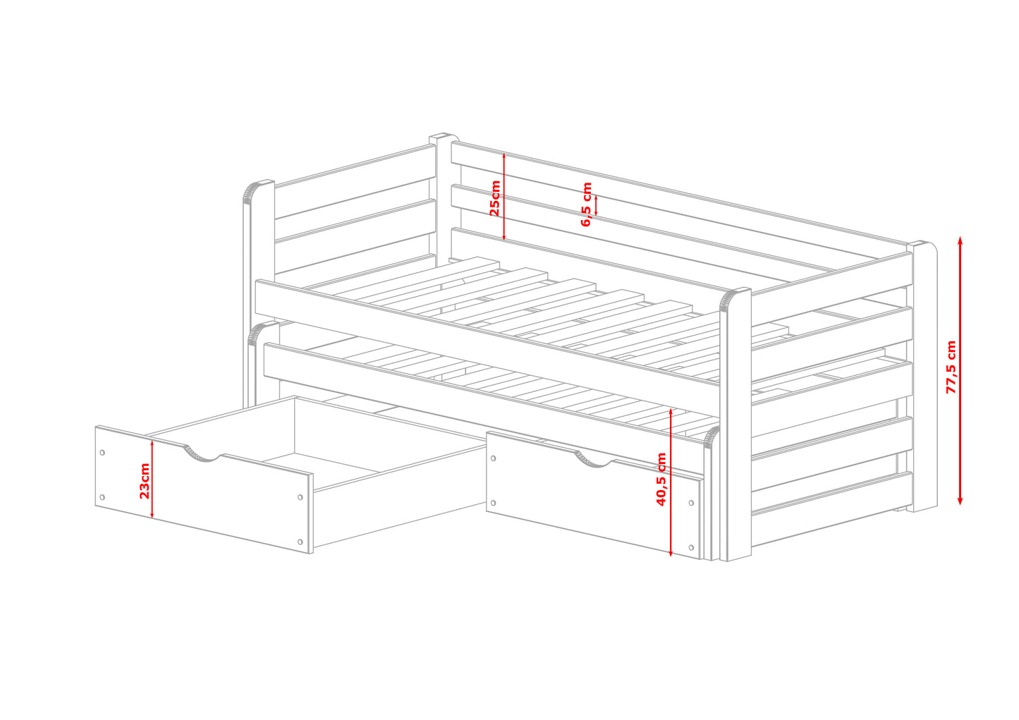 Lit simple 90x200 cm avec lit gigogne 90x190 cm avec deux matelas (en option) et deux tiroirs, protection antichute et sommier à lattes, bois massif blanc, lit enfant lit fonctionnel